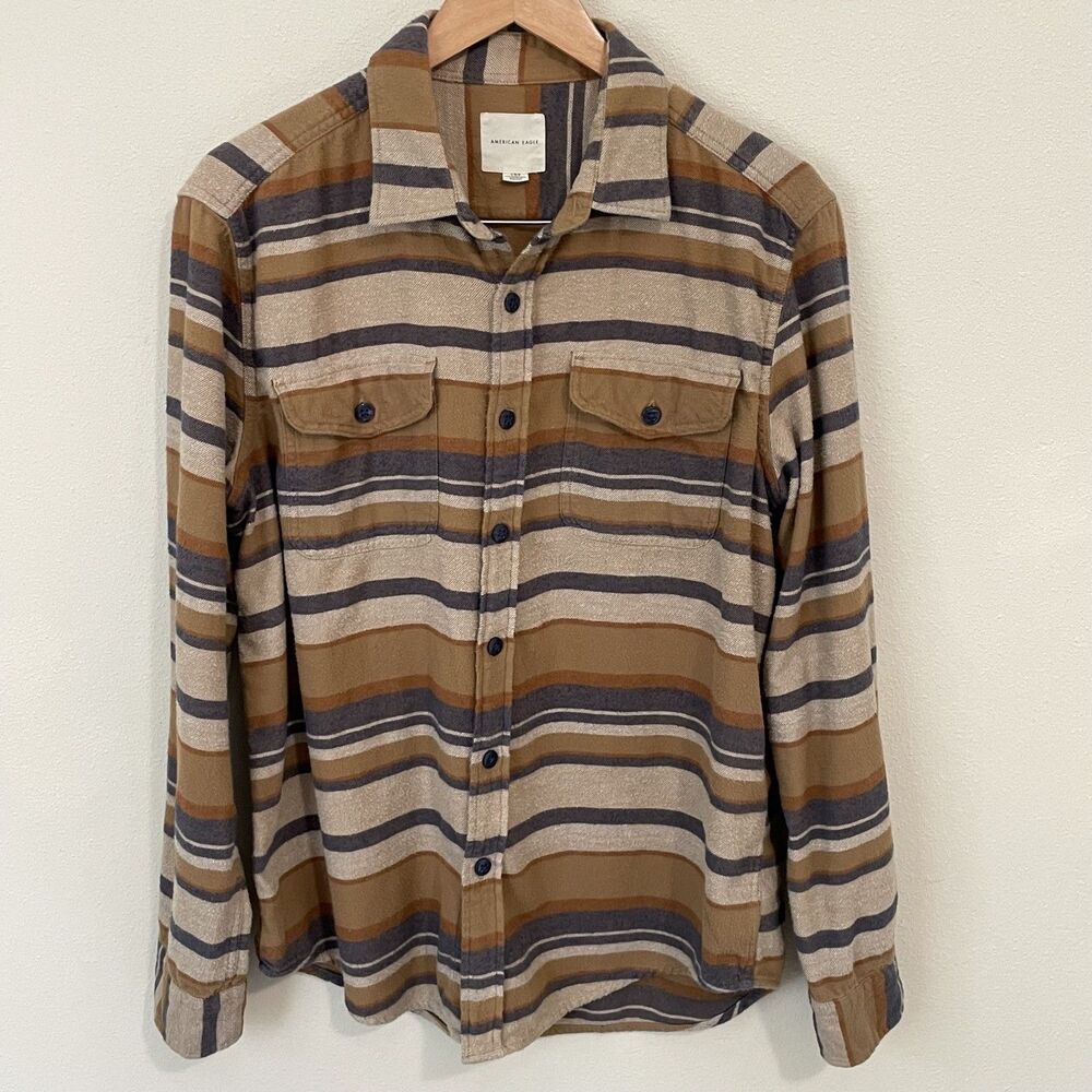 American Eagle Flannel Mens L Tan Stripe Outdoors Y2K Gorpcore Cabin Core VTG